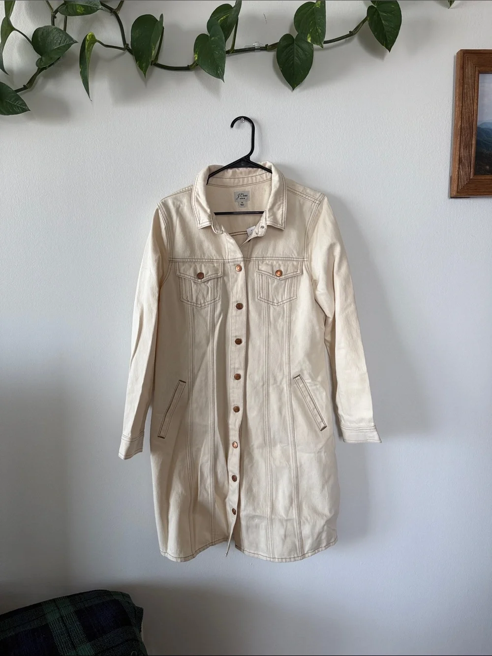 Cream Longline Button-Front Women's Jean Jacket Dress